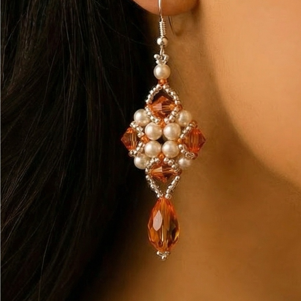 Elegant Orange gold and silver Pearl Drop Earrings